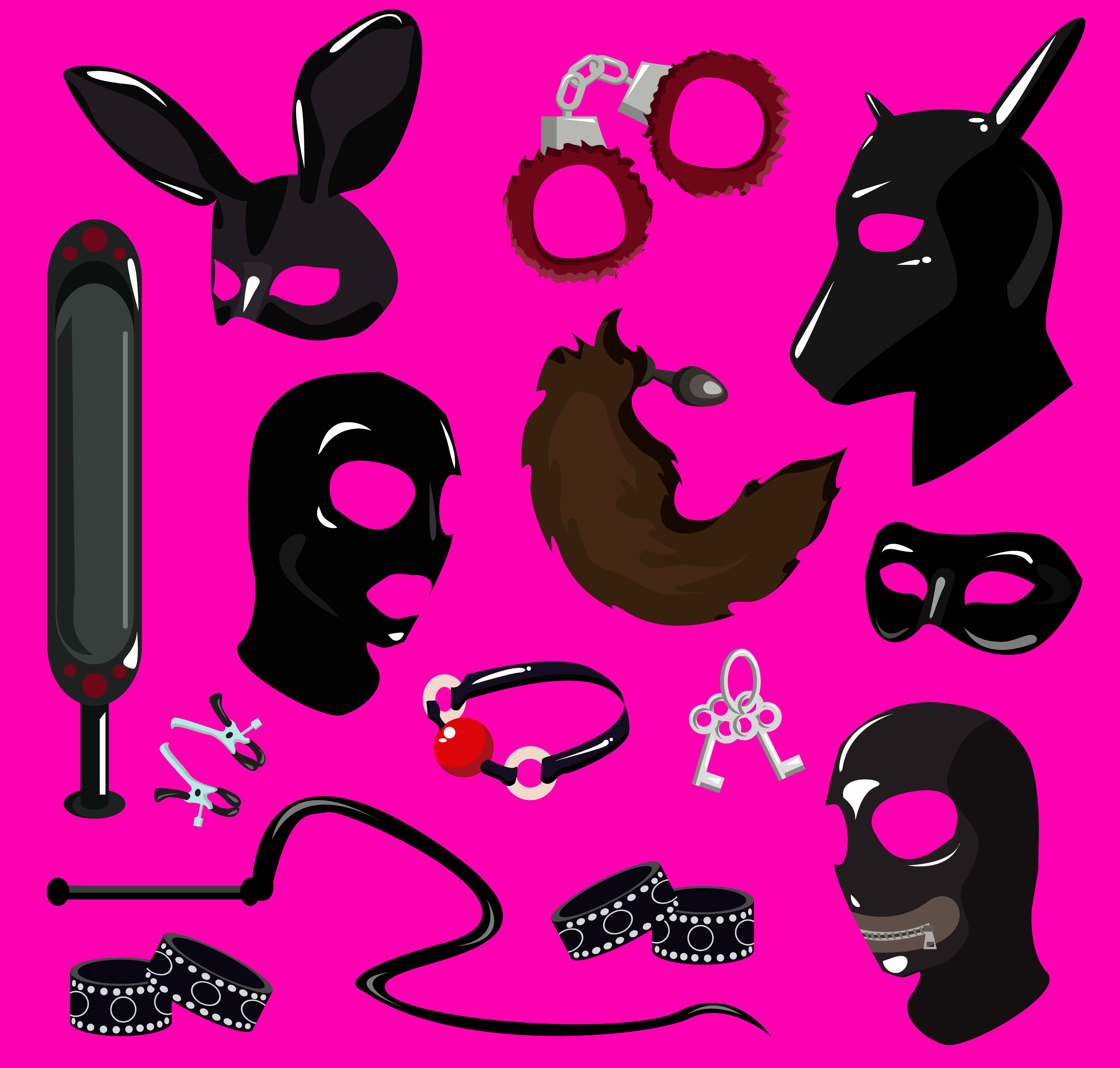 Ideal queer sex toys to spice up your sex life. Vibrators, anal balls, handcuffs, latex mask, stitch gag.